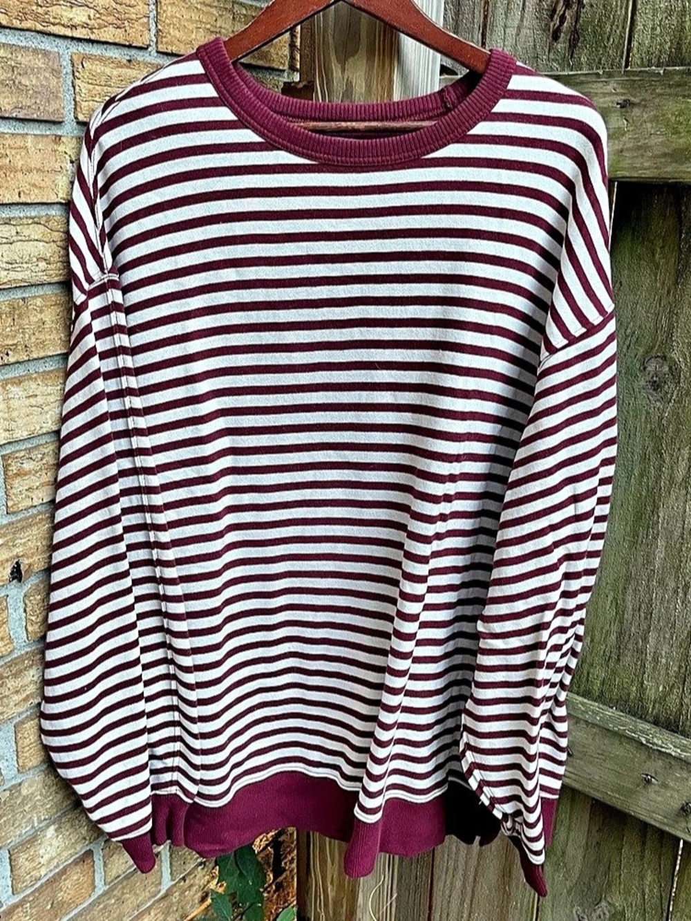 Aerie Oversized Striped Crewneck Sweatshirt in Maroon & White